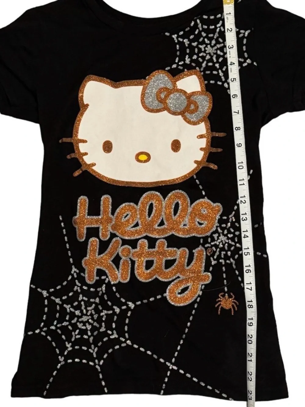 Hello Kitty Black Tee with Gold and Silver Glitter Spiderwebs